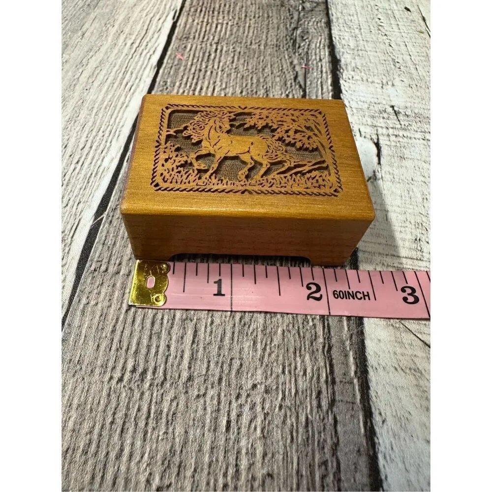 Vintage Lasercraft Walnut Mini Wooden Unicorn Galloping In The Woods Music Box